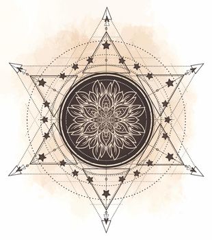 Lotus and Sacred Geometry. Ayurveda symbol of harmony and balance, and universe. Tattoo flesh design, yoga logo. Boho print, poster, t-shirt textile. Anti stress book.