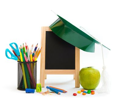 Group of school objects on a white background