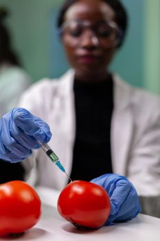 Closeup of african american researcher with medical gloves injecting organic tomato