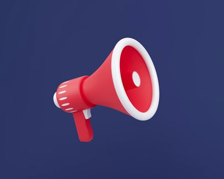 3d red and white three-dimensional megaphone isolated on a dark blue background. Public speaking minimal concept 3d render