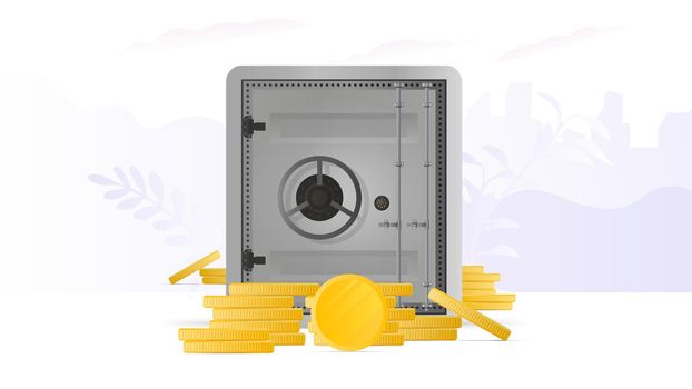 A large metal safe and a pile of gold coins. Armored safe. Vector.