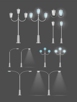 A set of Metallic lanterns that shine. Lamp post with realistic light. Vector.
