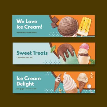 Banner template with ice cream flavor concept,watercolor style