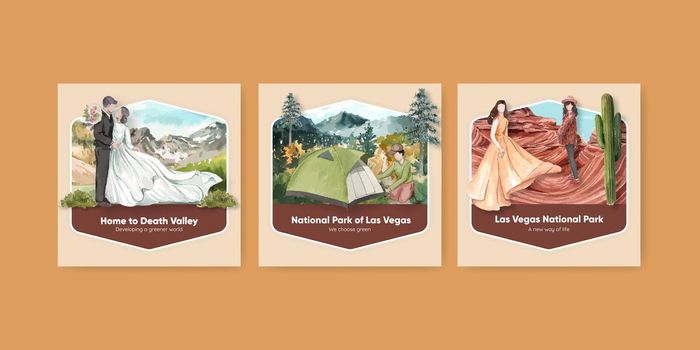 Banner template with national parks of the United States concept,watercolor style