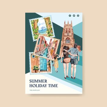Poster template with Italy summer holiday concept,watercolor style