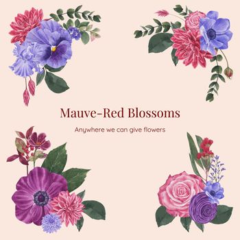 Bouquets with muave red floral concept,waterolor style