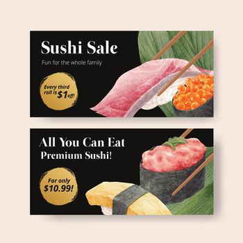 Voucher template with premium sushi concept,waterolor style