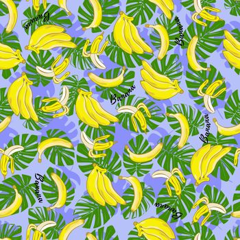 Seamless pattern with monstera and bananas. Bright backround. Designed for fabric design, textile print, wrapping, cover. 