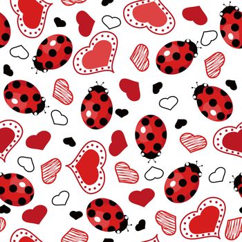 Seamless pattern with ladybugs and hearts.