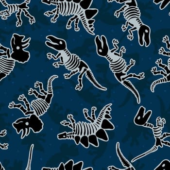 Dinosaur skeleton. Vector seamless pattern. Original design with dinosaur bones. Blue background dinosaur for textile, clothes and wrapping paper.