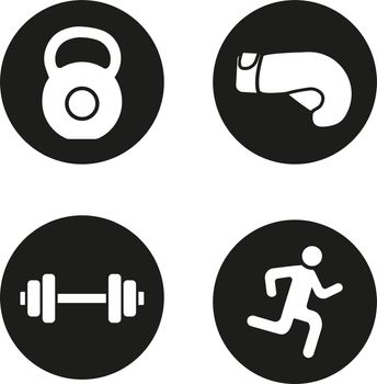 Sport and fitness icons set. Gym dumbbell and kettlebell, running man and boxing glove. Active lifestyle. Vector white silhouettes illustrations in black circles