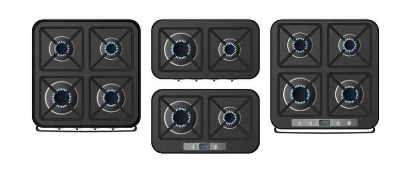 Set of black kitchen stoves with a top view. A gas stove is included. Modern oven for the kitchen in a realistic style. Isolated. Vector.
