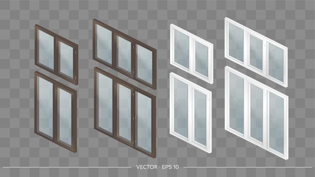 A large set of metal-plastic windows with transparent glasses in 3D. Modern window in a realistic style. Isometry, vector illustration.