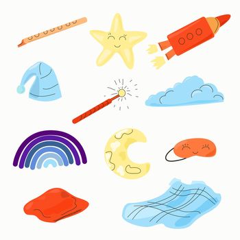Set of elements for children's design with clouds and the moon and a magic wand.