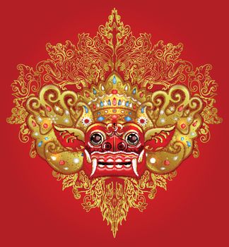 Barong. Traditional ritual Balinese mask. Vector color illustration in red, gold and black isolated. Hindu ethnic symbol, tattoo art, yoga, Bali spiritual design for print, poster