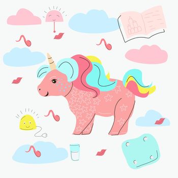 Pink unicorn on a white background with clouds and a pillow and a book.