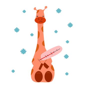 The giraffe is sick and measures the temperature with a thermometer.