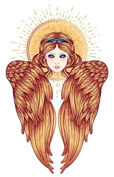 Sirin, Alkonost, Gamayun mythological creature of Russian legends. Angel girl with wings. Isolated hand drawn vector illustration. Spirituality, occultism, alchemy, magic