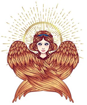 Sirin, Alkonost, Gamayun mythological creature of Russian legends. Angel girl with wings. Isolated hand drawn vector illustration. Trendy Vintage style element. Spirituality, occultism