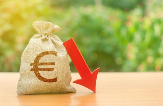 Money bag with Euro symbol and red arrow down. Reduced profits and liquidity of investments. Reduced tax revenues, economic difficulties, departure of capital, investors. Falling wages and welfare