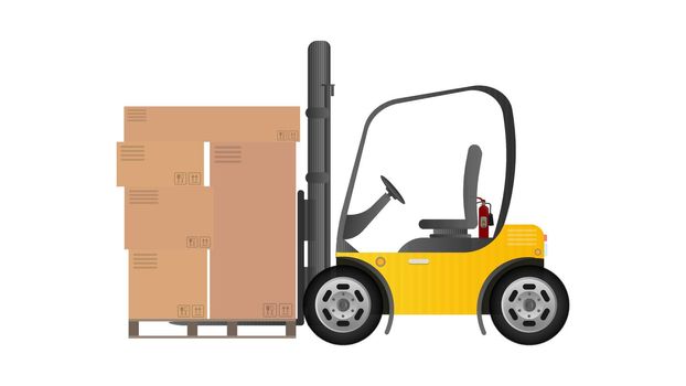 A forklift lifts a pallet with boxes. Industrial forklift. Pallet with boxes. Isolated. Vector design.
