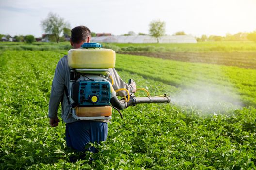 A farmer with a mist fogger sprayer sprays fungicide and pesticide on potato bushes. Effective crop protection, environmental impact. Protection of cultivated plants from insects and fungal infections