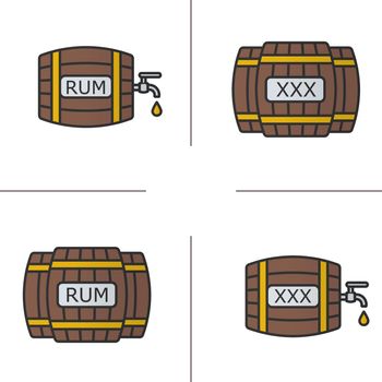 Alcohol wooden barrels color icons set