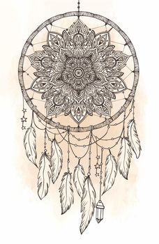 Hand drawn Native American Indian talisman dreamcatcher with feathers and moon. Vector hipster illustration isolated on white.