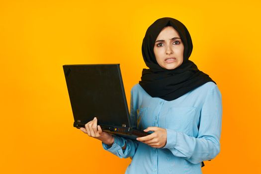 pretty woman laptop posing technology internet ethnicity model