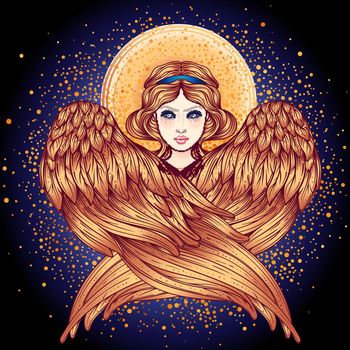 Sirin, Alkonost, Gamayun mythological creature of Russian legends. Angel girl with wings. Isolated hand drawn vector illustration. Trendy Vintage style element. Spirituality, occultism