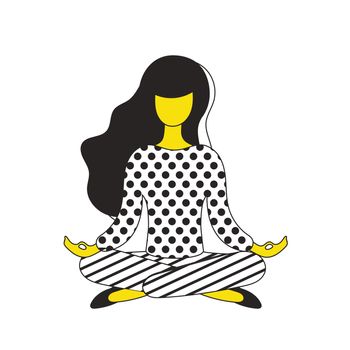 The girl is meditating. Lineart people. Actual colors. Minimal style for web design or applications. Vector.