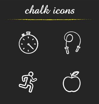 Sport and fitness chalk icons set. Stopwatch, skipping rope, running man, apple nutrition. Isolated vector chalkboard illustrations