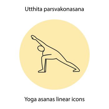 Utthita parsvakonasana yoga position. Linear icon. Thin line illustration. Yoga asana contour symbol. Vector isolated outline drawing