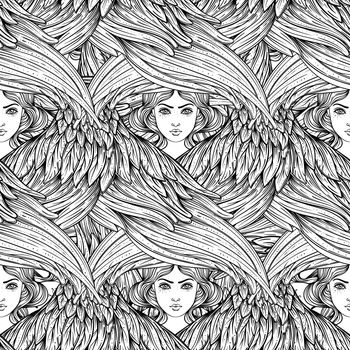 Seraph, six winged Angel. Seamless pattern. Color hand drawn vector illustration. Highest rank in Christian angelology. Trendy Vintage style element. Spirituality, occultism