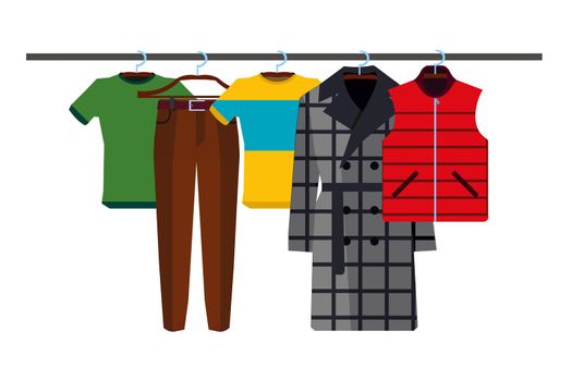 Clothes Racks with Wear on Hangers Set. Flat Design Style. Vector illustration of man wears EPS