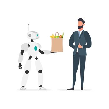 The robot holds a shopping bag in its hands. Future delivery concept. Online shopping. Isolated. Vector.