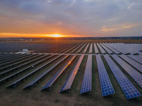 Aerial drone view into large solar panels at a solar farm at bright sunset. Solar cell power plants.