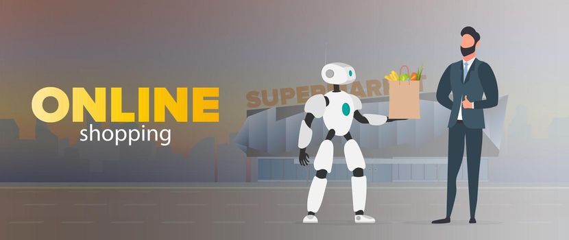 Online shopping banner. The robot is holding a bag with groceries. Food delivery by robots. Businessman shows thumb up. Future delivery concept. Vector.