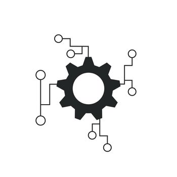 Digital tech vector business logo template concept illustration. Gear electronic factory sign. Cog wheel technology symbol. SEO emblem. Design element.