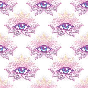 Lotus flower Sacred geometry symbol with all seeing eye over in acid colors. Mystic, alchemy, occult concept. Design for indie music cover