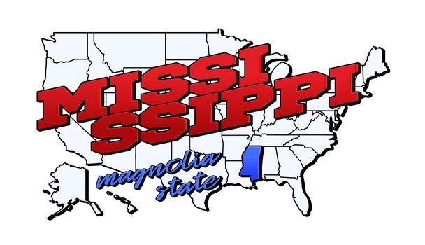 mississippi state. Vector illustration with US mississippi state on american map with lettering. Touristic Greeting Card isolated on white