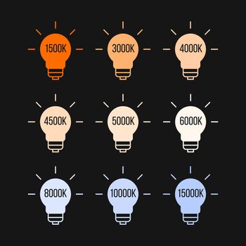 Kelvin colour temperatures of different light bulbs. Stock vector illustration isolated on white background.