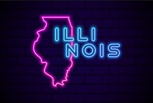 illinois US state glowing neon lamp sign Realistic vector illustration Blue brick wall glow