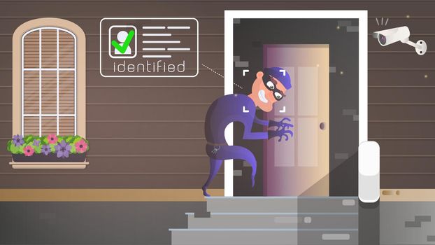 A thief sneaks into the house. The robber is trying to crack the door. Sign of a robbery. A surveillance camera recorded a thief. Security concept. Vector illustration
