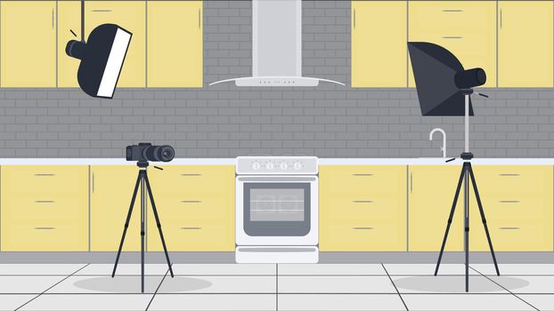 Studio for kitchen vlogs. Stylish kitchen in a flat style. Kitchen cabinets, stove, oven, video camera, softbox. Background for cooking vlogs. Vector.