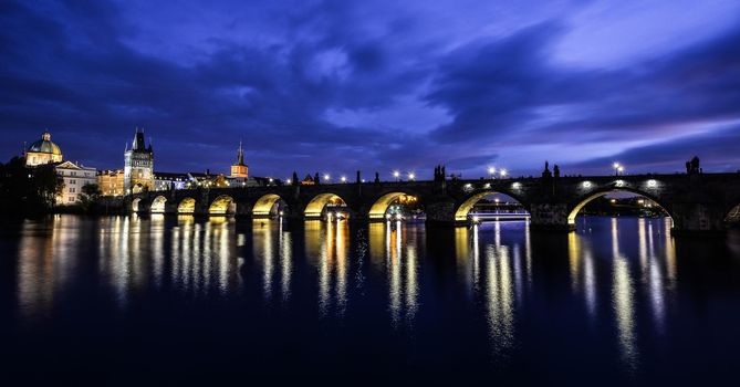 Beautiful night view of Charles Bridge and Vltava river, Prague, Czech Republic. Charles Bridge and Vltava river with night lights.