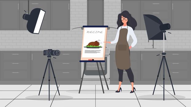 Woman cook in the kitchen keeps leading a culinary vlog. A girl in a kitchen apron holds a fried chicken. Vector.