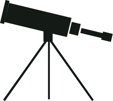 Vector illustration single flat black telescope with tripod isolated on background. Icon for planetarium, observatory, learning astronomy, astrophysics science and cosmic discovery