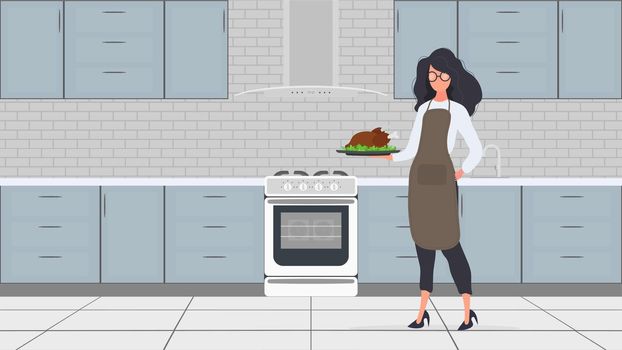 A female holds a roast turkey in her hand. A girl in a kitchen apron holds a fried chicken. Good for banners and articles on the culinary theme. Vector.