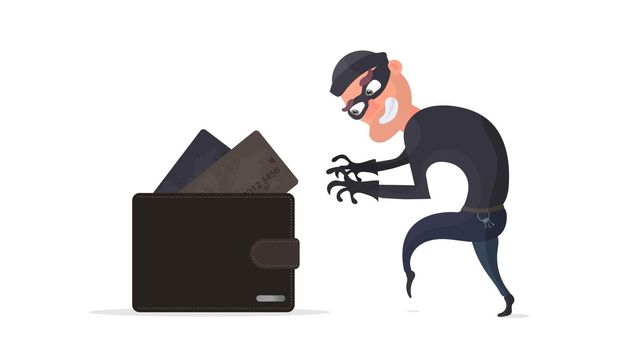 A thief steals a credit card wallet. A criminal steals a man wallet. The concept of fraud, fraud and fraud with money. Isolated. Vector.